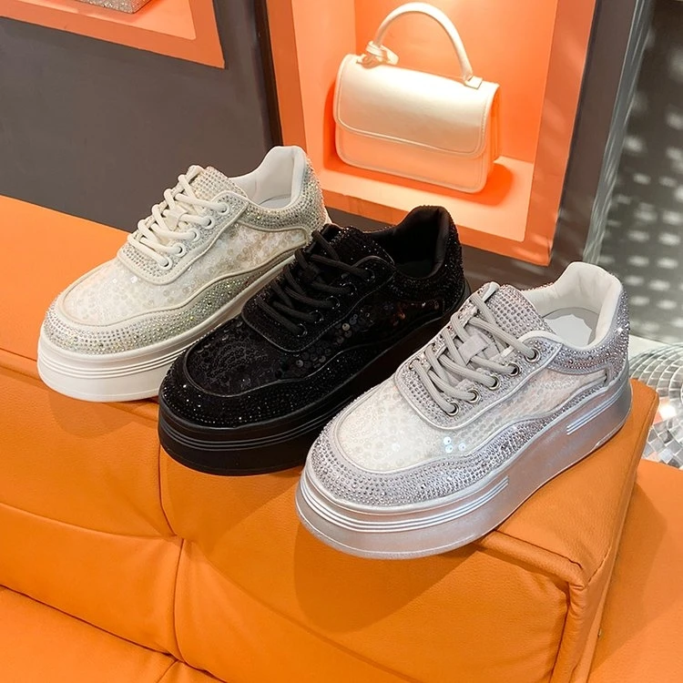 满钻水钻女鞋2024春夏新款百搭厚底增高网面透气亮钻欧洲站休闲鞋