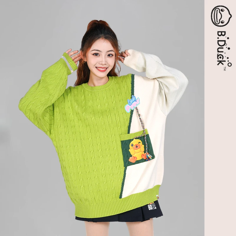 B.Duck小黄鸭2024秋冬百搭撞色拼接宽松慵懒风针织设计感情侣毛衣