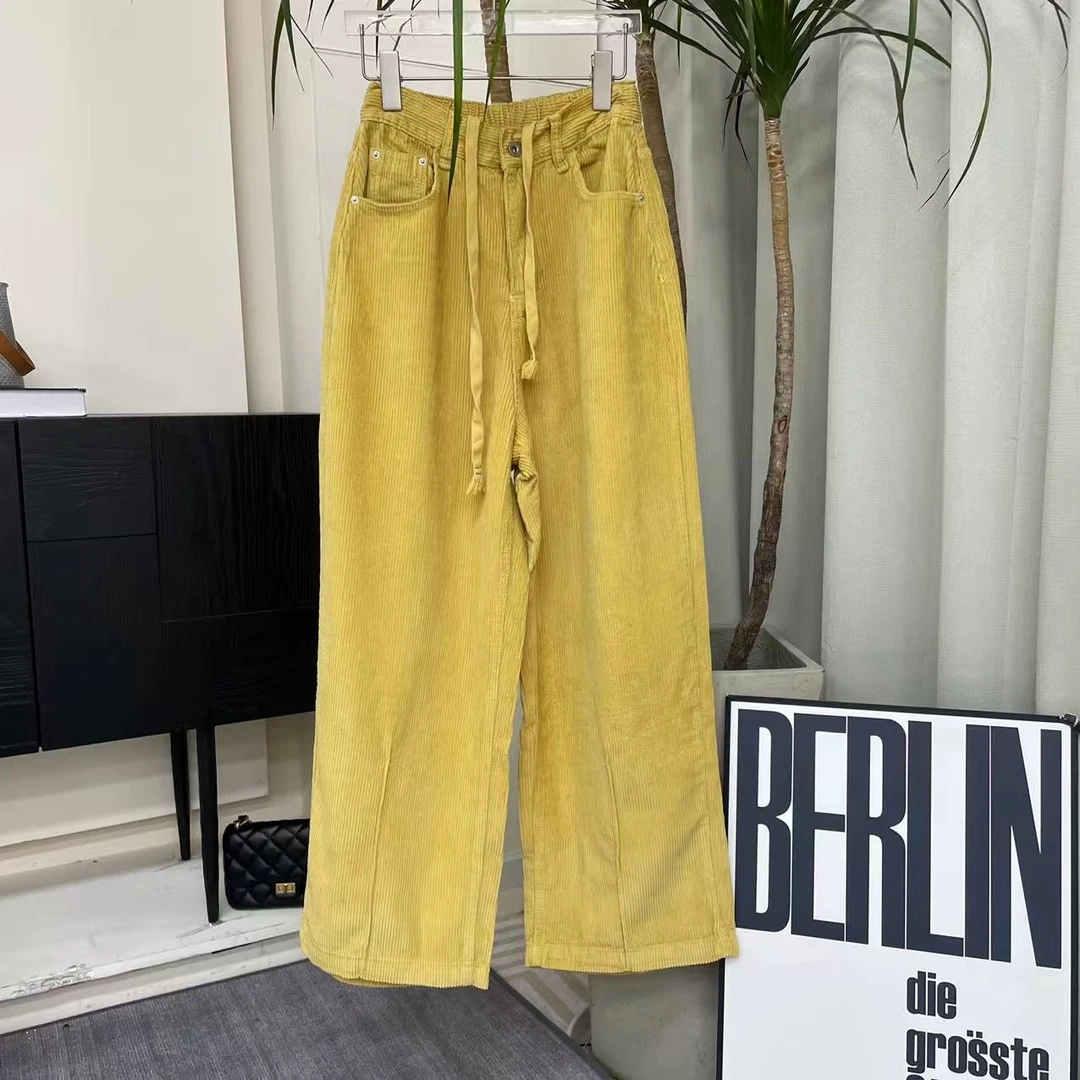 雪儿 X7809欧范抽绳松紧腰纯色灯芯绒宽松阔腿休闲裤垂感拖地裤