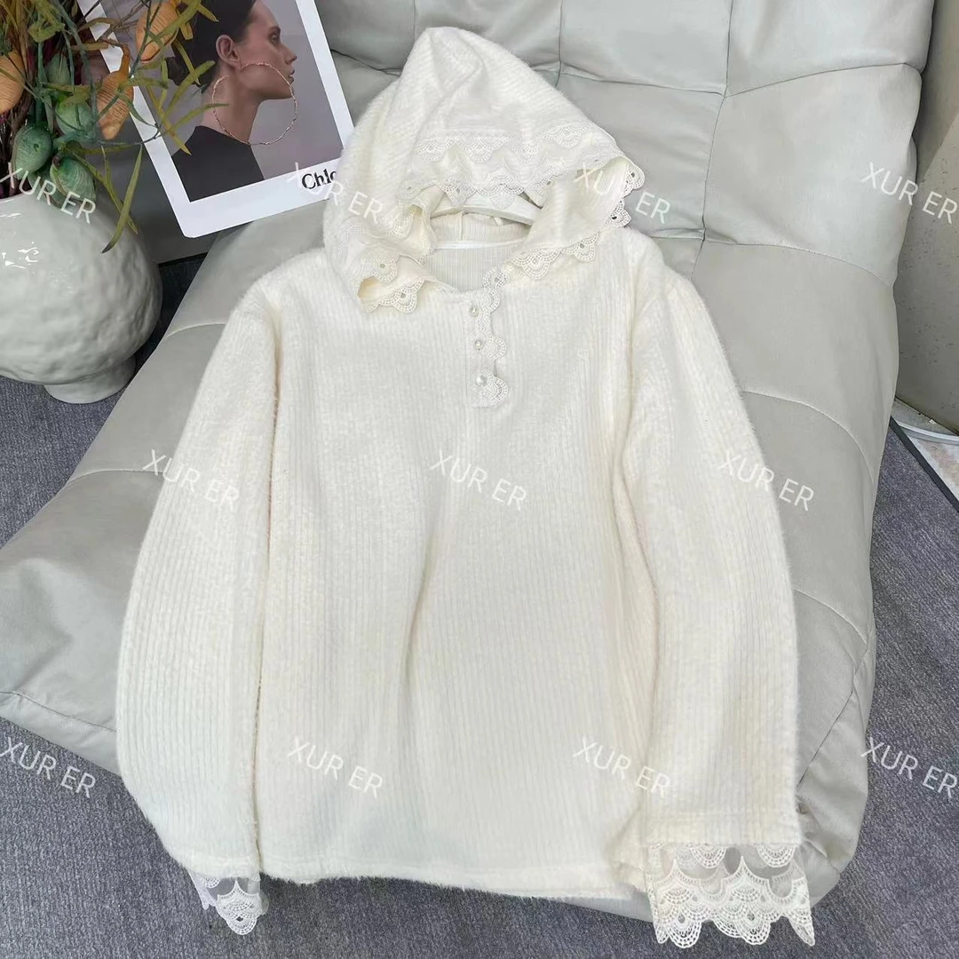 雪儿 X1652设计感拼接蕾丝磨毛加厚连帽衫洋气打底衫上衣