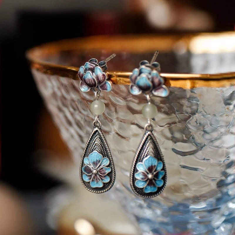 纯铜耳饰 【牡丹亭】民族风烧蓝耳钉牡丹花珐琅彩复古耳坠