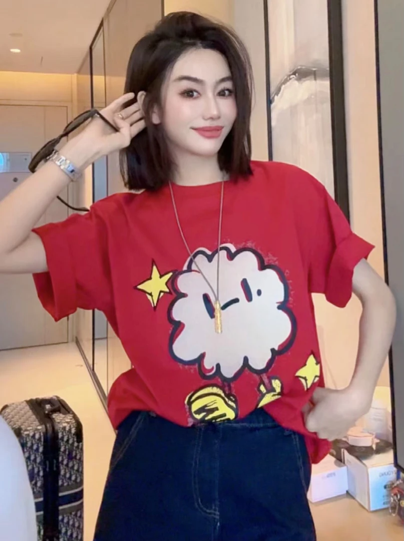 婷老板、新款五角星红色百搭T恤522-7