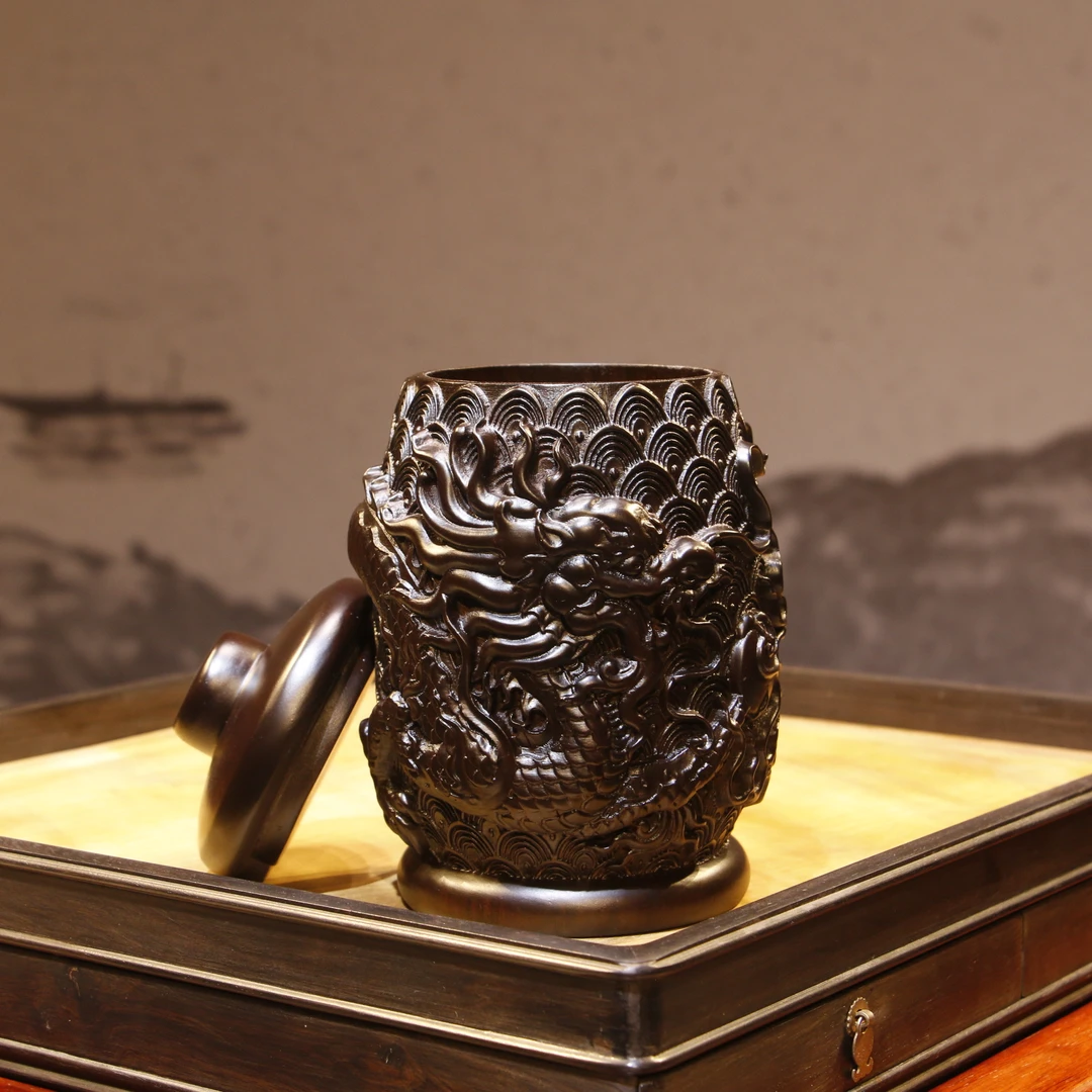 【木上】黑檀木-精雕云龙茶叶罐12*12*18-收纳罐卧室茶室办公室客厅