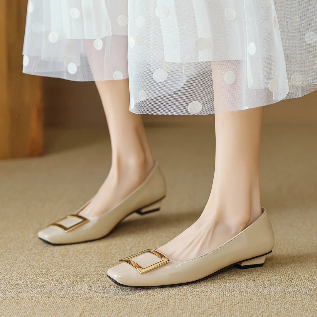 法式方头漆皮单鞋女方头浅口新款百搭一脚蹬粗跟气质通勤女鞋992