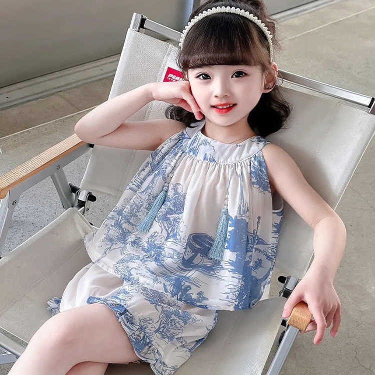女童套装2023夏季新款儿童中国风山水画套装女2025年款衣服儿童