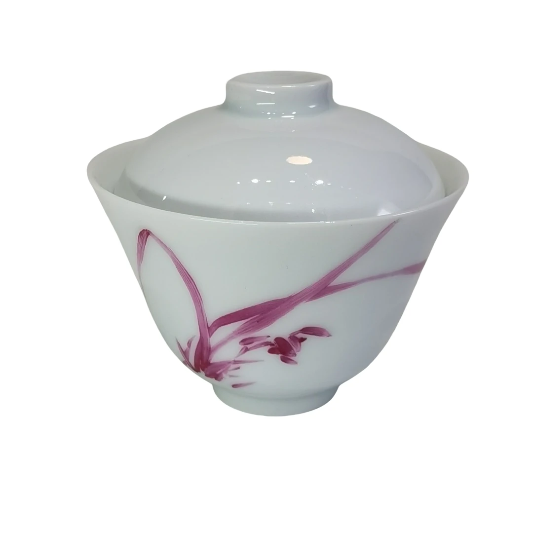景德镇陶瓷釉上彩宝石红兰花二才白瓷盖碗茶具高口径9.5，高8.5㎝