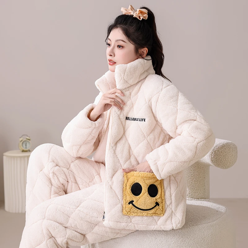 【现货库存】冬季新款女三层夹棉睡衣女拉链加绒加厚保暖家居服