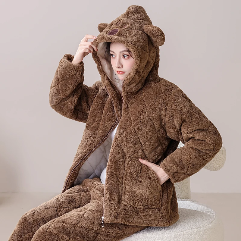 【棕色帽子款】冬季新款女三层夹棉睡衣女拉链加绒加厚保暖家居服