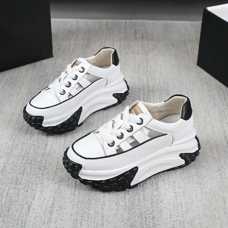 大码女鞋35-43夏季新款镂空单鞋厚底休闲老爹鞋真皮小白鞋女百搭