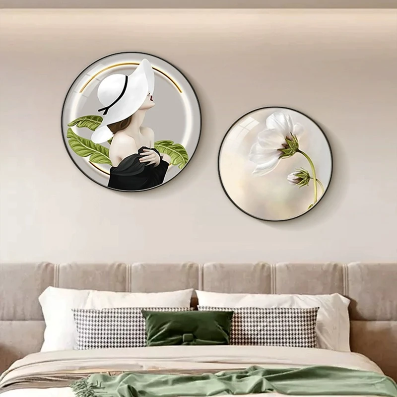 卧室装饰画简约轻奢风主卧挂画大气高级感床头圆形壁画防水立体画