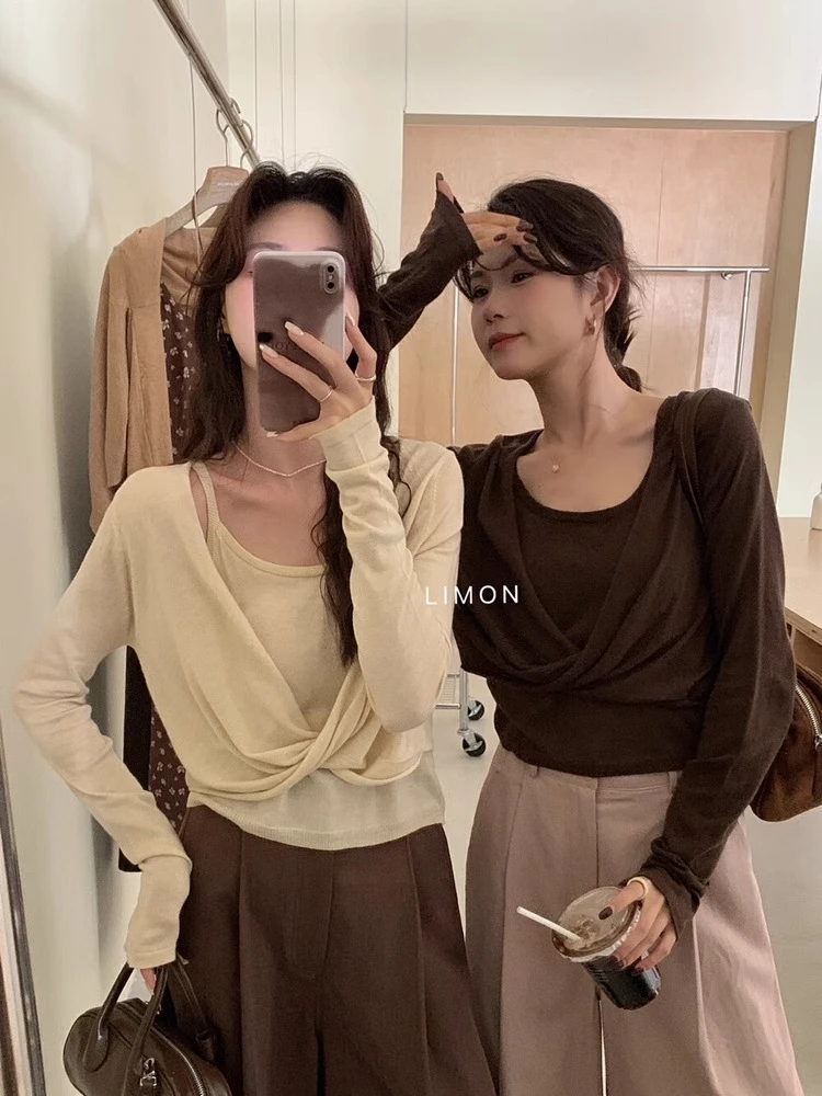 扭结设计感交叉v领长袖针织衫女春秋独特别致上衣吊带背心两件套