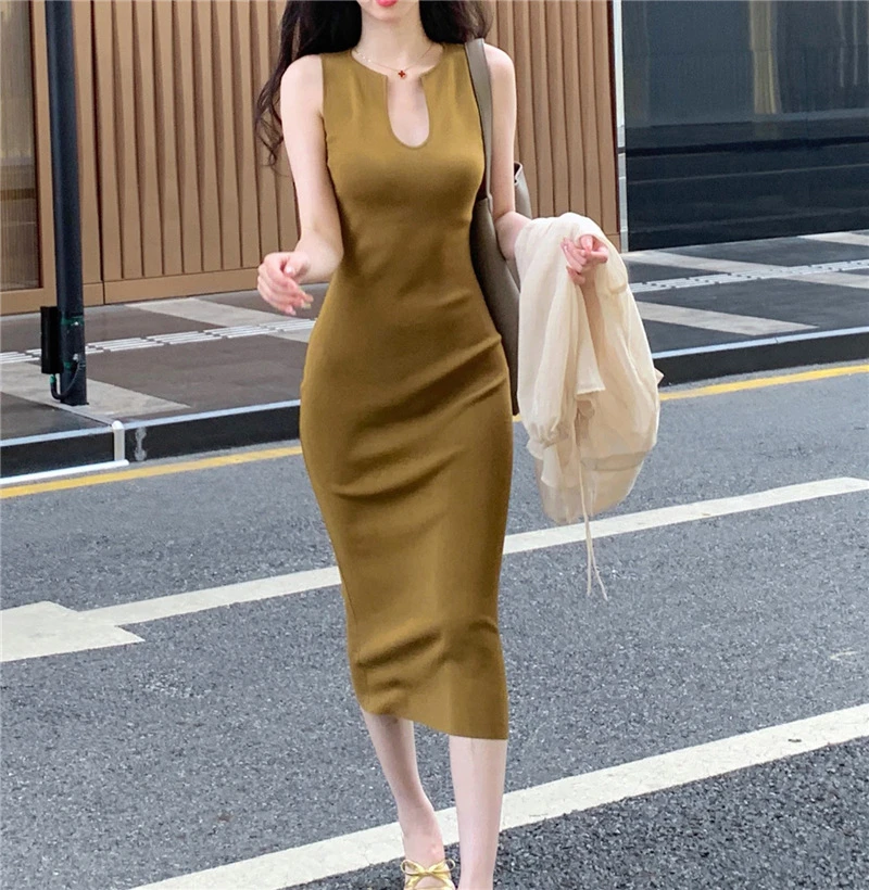 知性优雅~14针密实深U领修身遮副乳开叉直筒背心裙内搭连衣裙