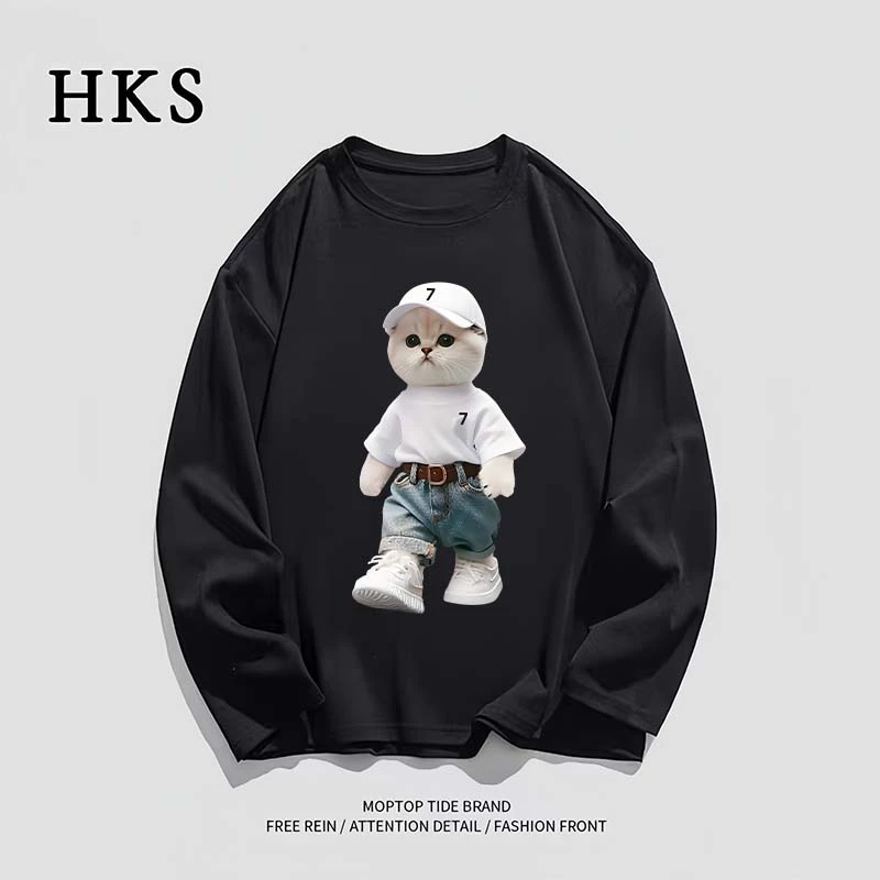 2024春秋新款纯棉长袖打底衫男个性ins卡通创意图上衣圆领宽松T恤