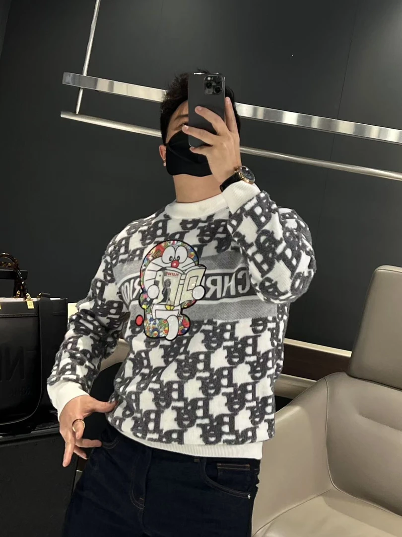 【马哥严选】冬季潮牌提花卡通羊毛衫男士潮流重工个性时尚圆领毛衣