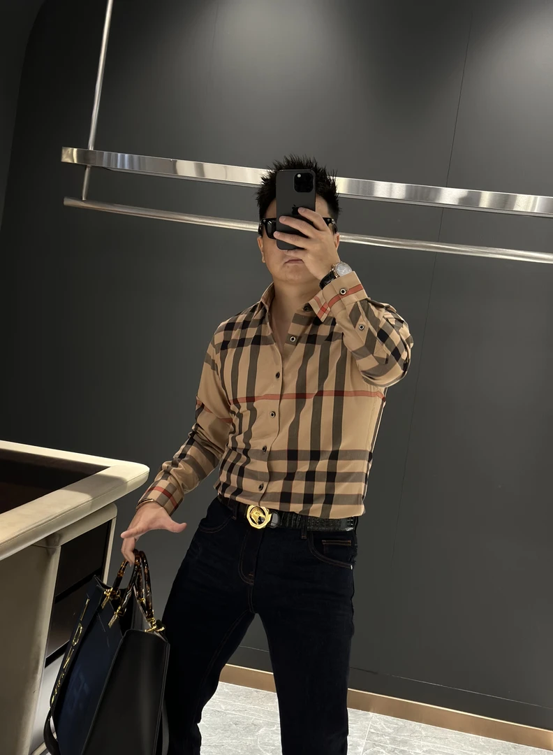 【马哥严选】2024欧货时尚秋季休闲轻奢潮流经典格纹修身长袖衬衫