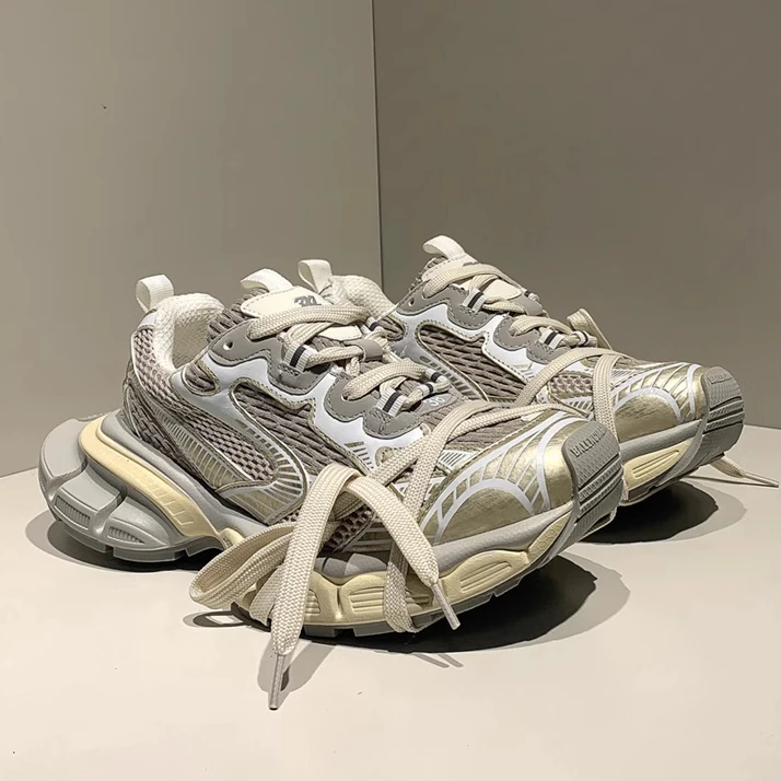 3XL老爹鞋男2025走秀款夏季厚底增高做旧杏色透气低帮休闲运动鞋