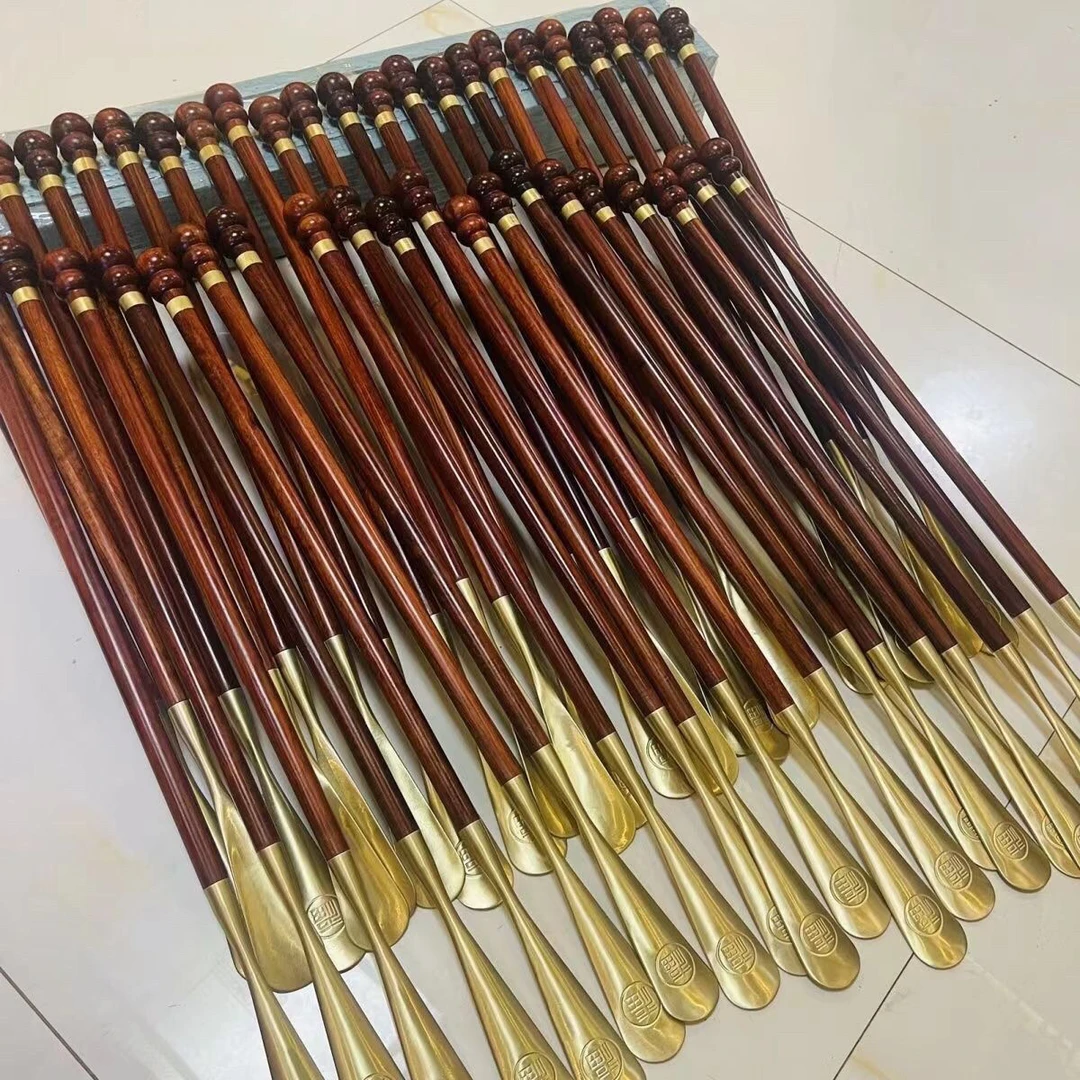 紫檀木长柄鞋拔子纯铜福字拔头高档老人孕妇弯腰实木家用提子