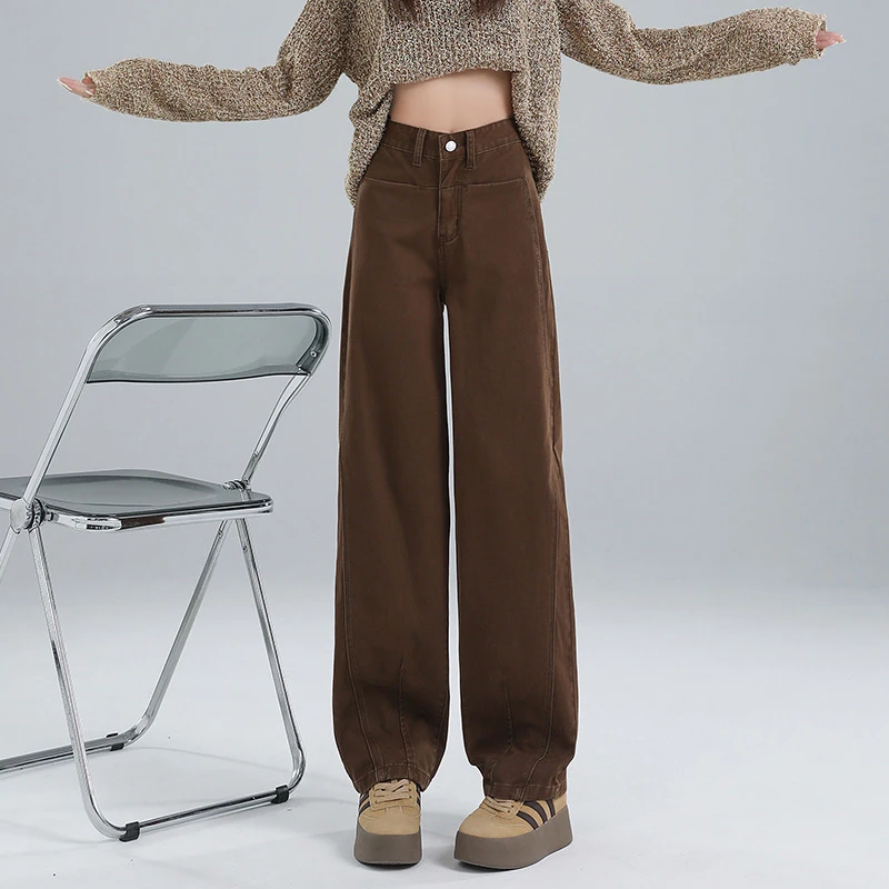 美拉德穿搭秋冬新款2024美式窄版直筒阔腿裤女高腰宽松拖地牛仔裤