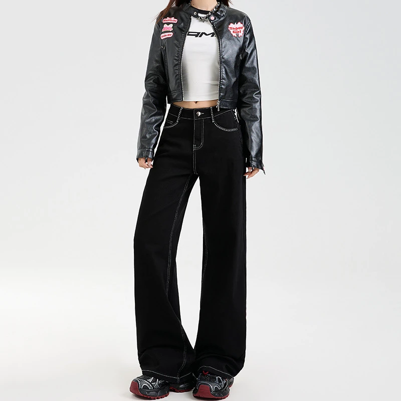 秋冬新款-黑色高腰牛仔裤宽松直筒梨型遮胯修身显瘦显高阔腿裤女