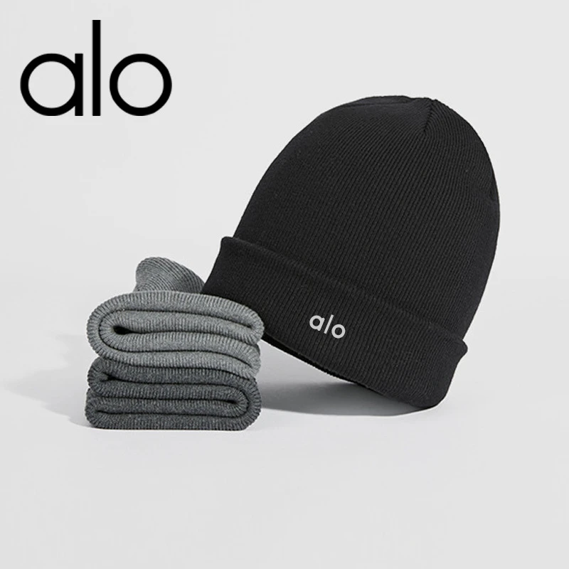 alo yoga专柜秋冬针织帽不易起球简约黑色男士大头围时尚冷帽保暖