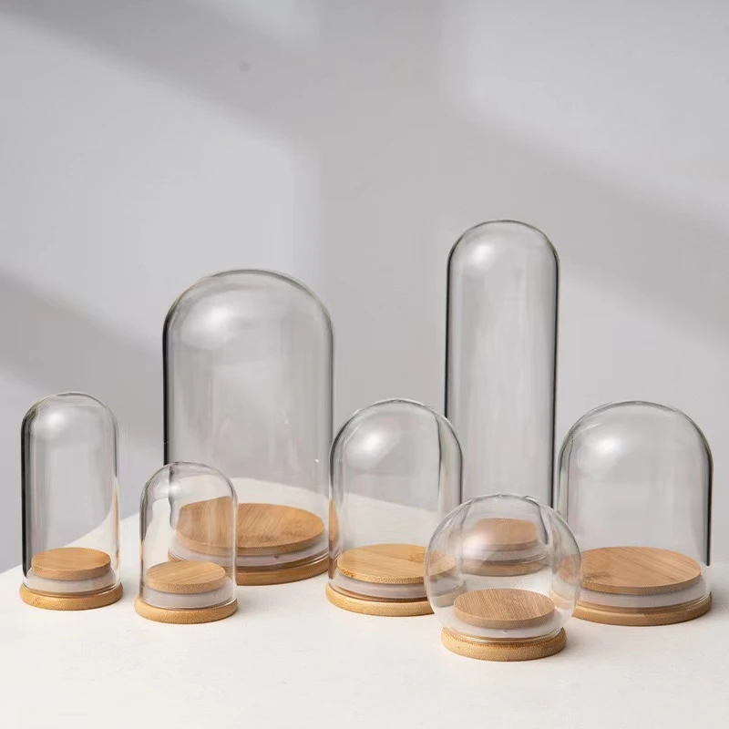 永生花玻璃罩DIY创意摆件花瓶防尘罩竹子松木胶圈密封底座展示盒