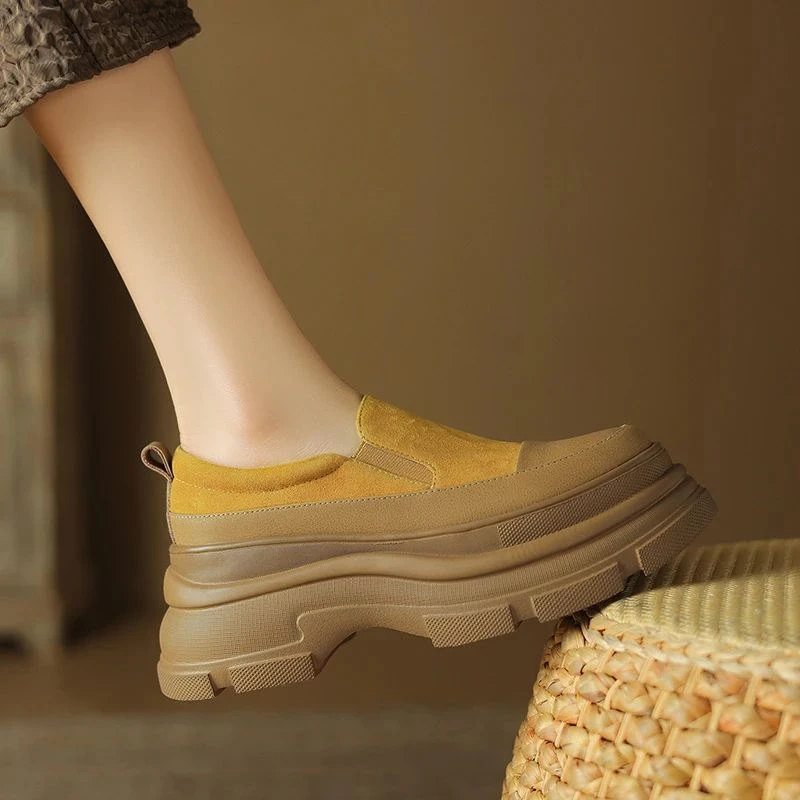 牛皮+羊皮 8cm跟 专柜新款超轻厚底小个子增高户外运动休闲乐福鞋