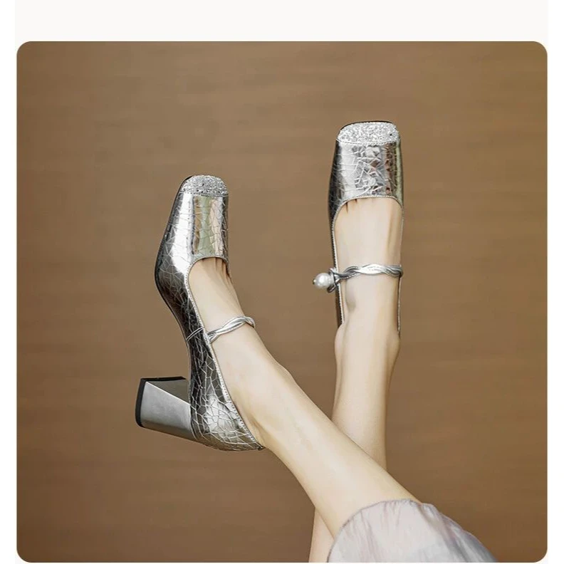 7cm羊皮方头高跟鞋亮片百搭粗跟玛丽珍女鞋气质法式时尚扣带单鞋