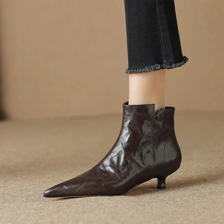 3.5cm 手抓纹羊皮黑色尖头细跟短靴女中跟小跟瘦瘦靴猫跟溯源好物