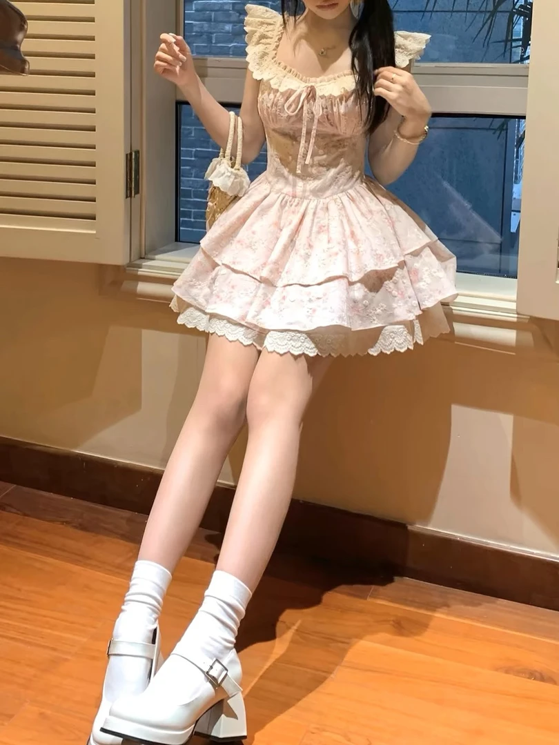 一口桃酥|[樱织花翎] 甜美小飞袖温柔碎花收腰连衣短裙