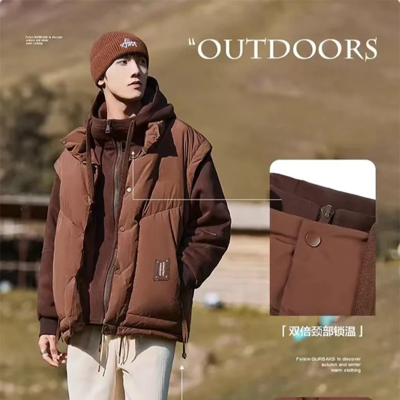 秋冬新款连户外保暖帽情侣款假两件羽绒服宽松潮牌加厚鸭绒外套