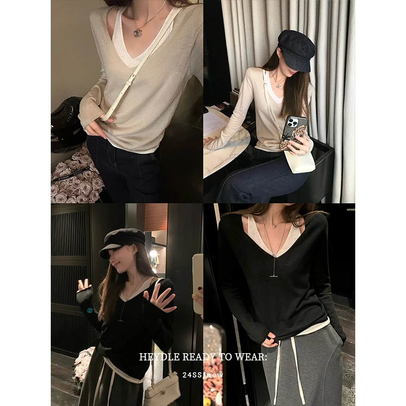 黑豆哼哼 叠穿法则*撞色假两件v领上衣女秋冬季设计感针织衫