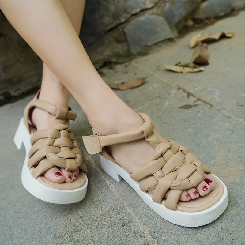 凉鞋女平底魔术贴编织软底鞋女复古罗马风透气凉鞋松糕鞋TSA06-29