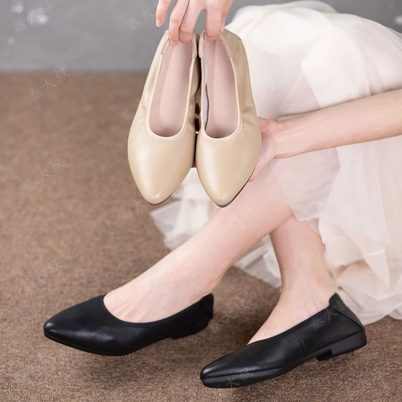 【秦大叔推荐】尖头牛皮复古真皮鞋2024夏季浅口透气法式软底凉鞋