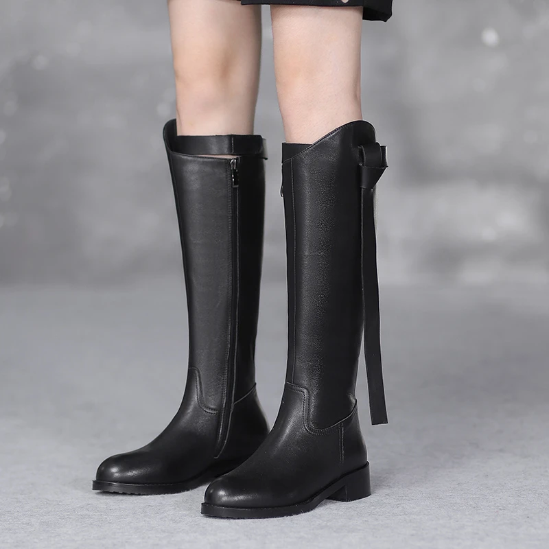 【秦大叔推荐】头层牛皮中跟长靴侧拉链骑士靴高筒靴女22D2295-1