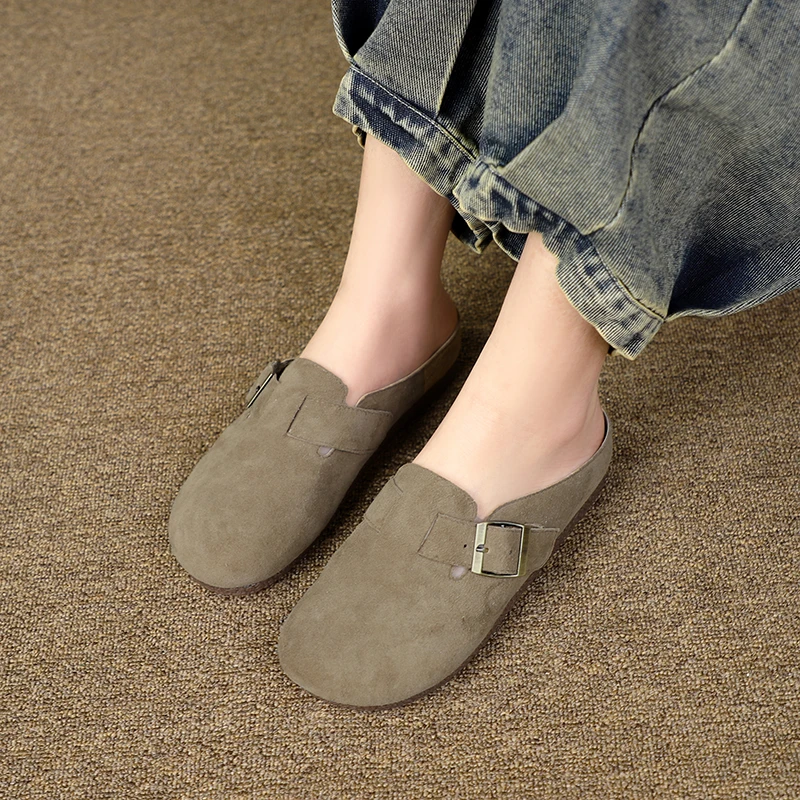 【秦大叔推荐】真皮包头凉拖女鞋复古拖鞋平底休闲软底凉鞋C613-1