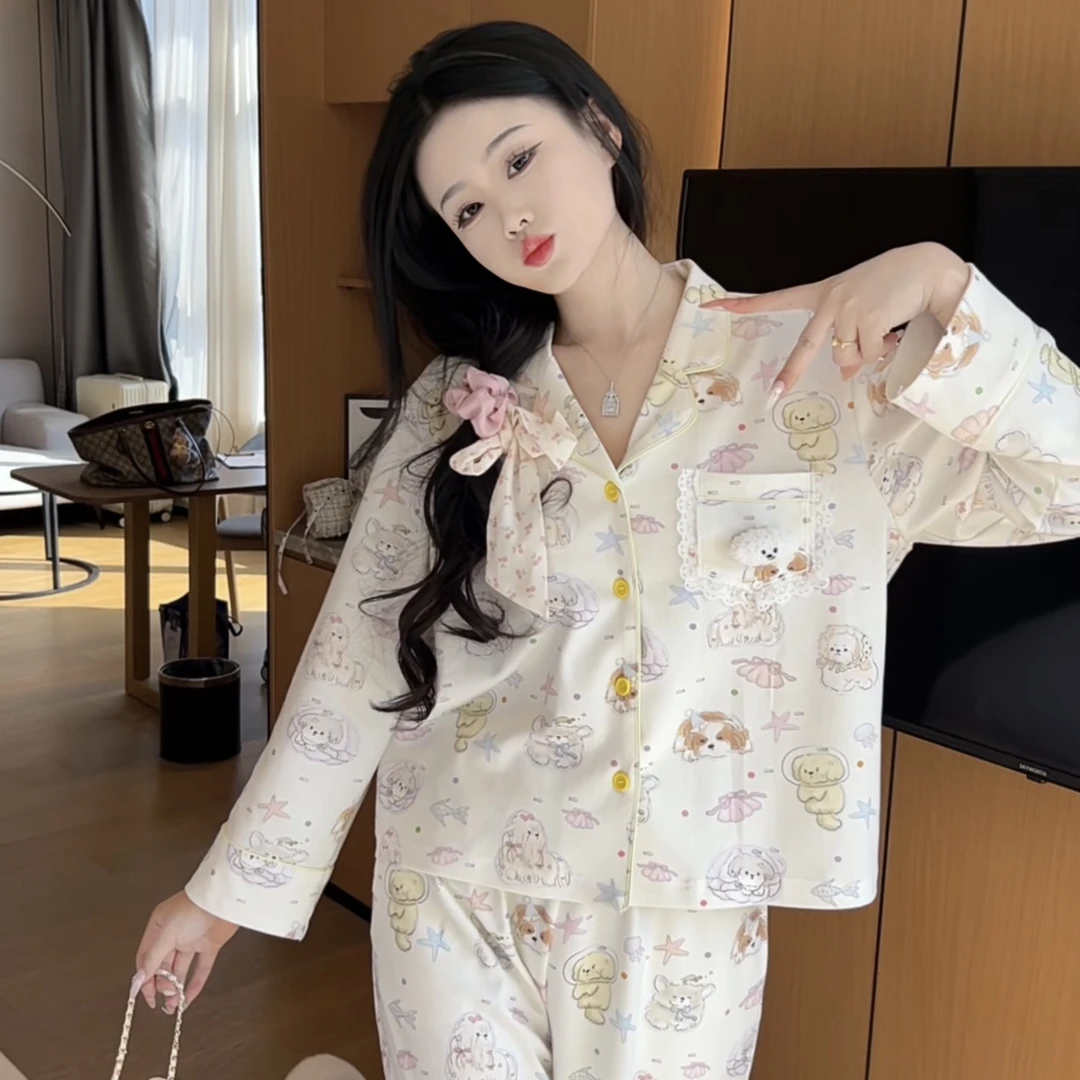 （泡泡狗）秋冬季气质纯棉睡衣印花女宽松显瘦亲肤可爱长袖家居服