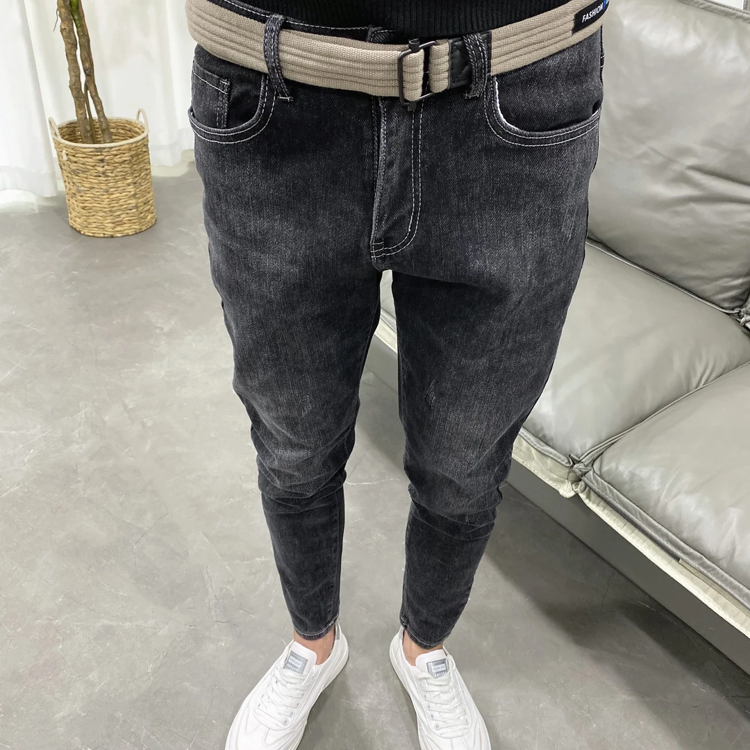 男士黑灰九分潮流百搭显瘦牛仔裤男韩版修身小脚水洗弹力休闲长裤