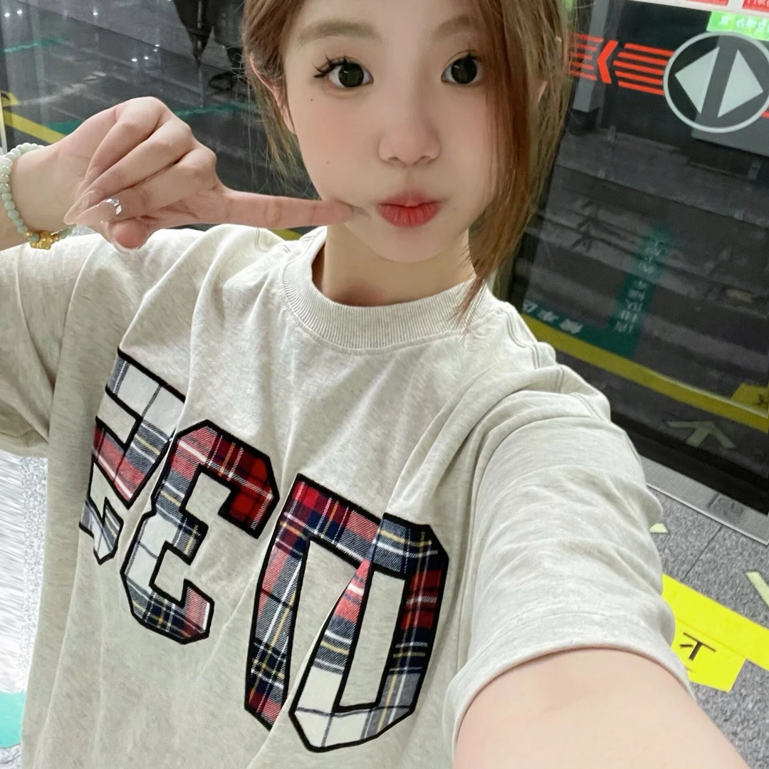 美式国潮牌复古格子印花数字oversize圆领短袖T恤女情侣百搭上衣