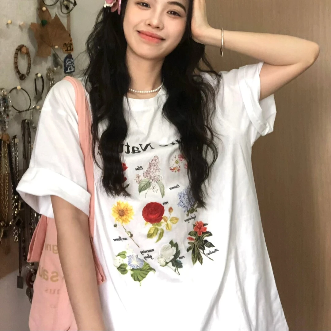 重磅纯棉上衣设计感小众2024圆领宽松植物花卉印花百搭短袖T恤女