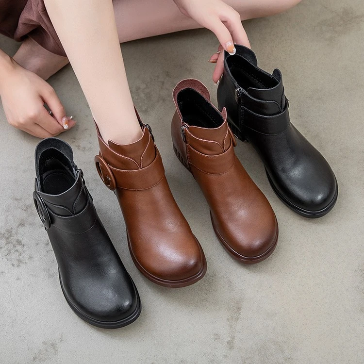 521舒适真皮秋季加绒女鞋软底复古休闲平底牛皮中老年百搭妈妈鞋
