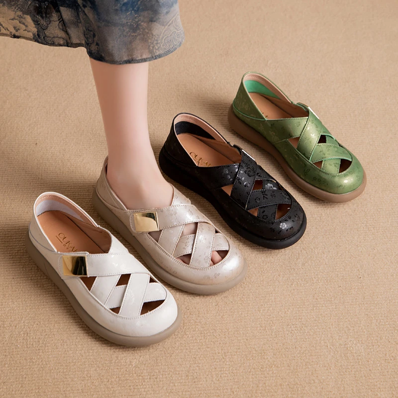 6879夏季新款软皮软面舒适休闲百搭复古镂空厚底包头平底