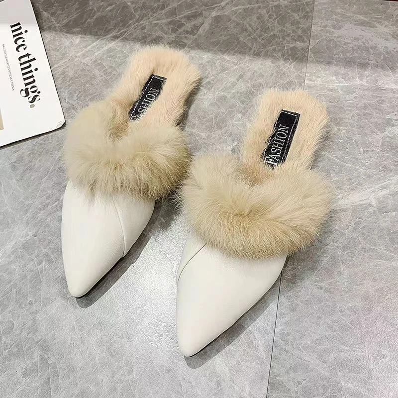 时尚外穿2023秋冬新款尖头保暖毛毛拖鞋平底包头半拖鞋韩版女鞋