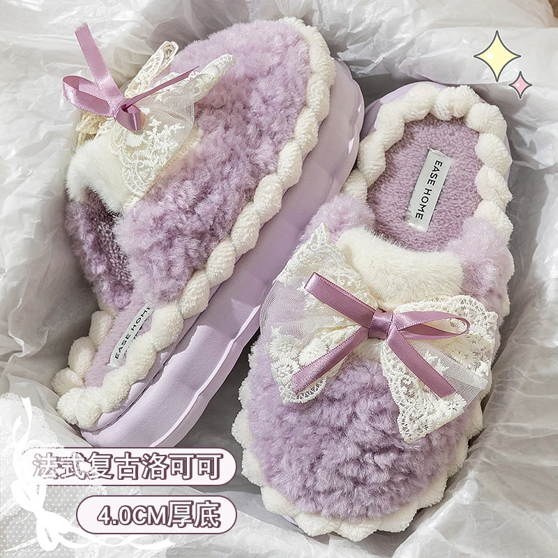 超美蝴蝶结棉拖鞋加绒保暖厚底防滑室内家居毛毛拖鞋软底女冬季