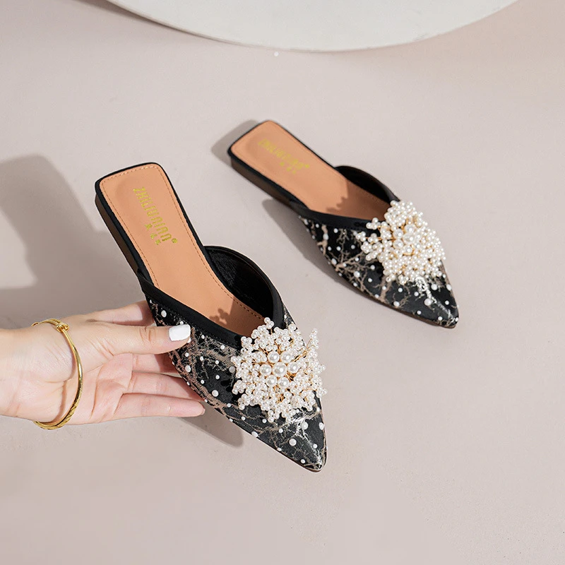 国风新款珍珠包头拖鞋2025春夏季新款外穿凉拖鞋女尖头半托女鞋