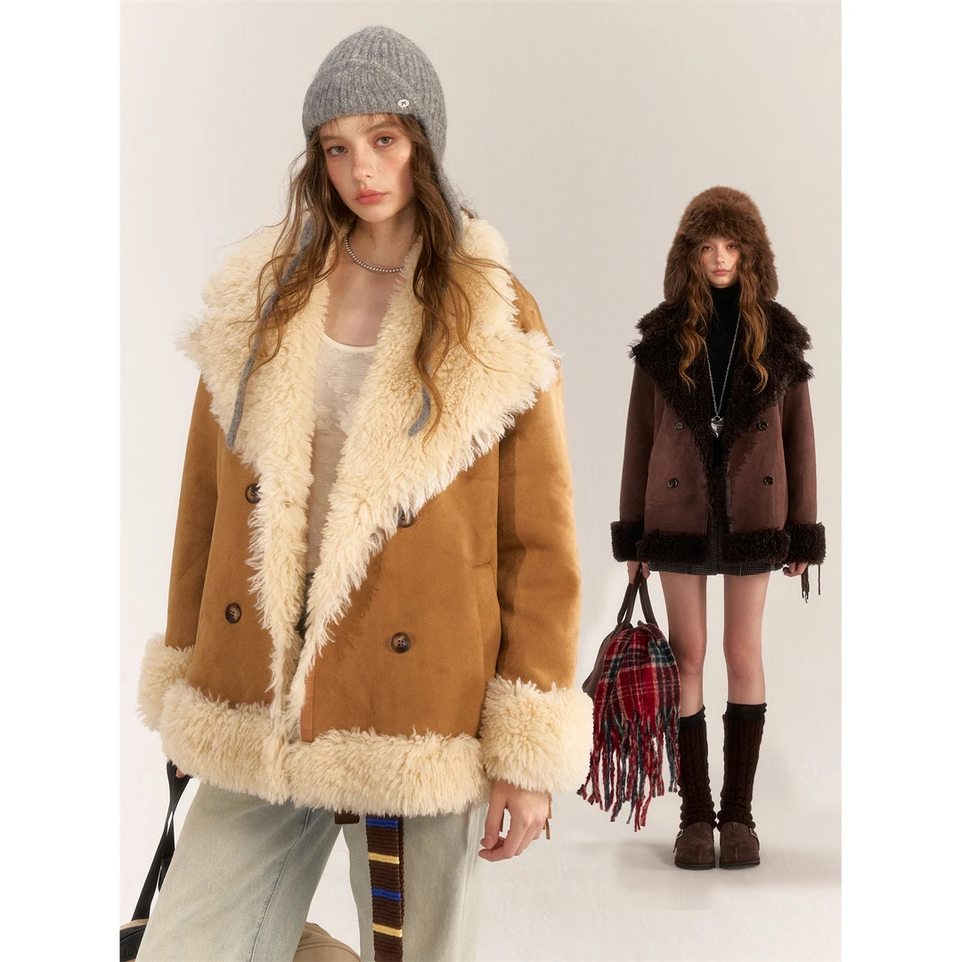 AsGony 美拉德绒面拼接皮毛一体外套女秋冬加厚保暖翻领毛绒上衣