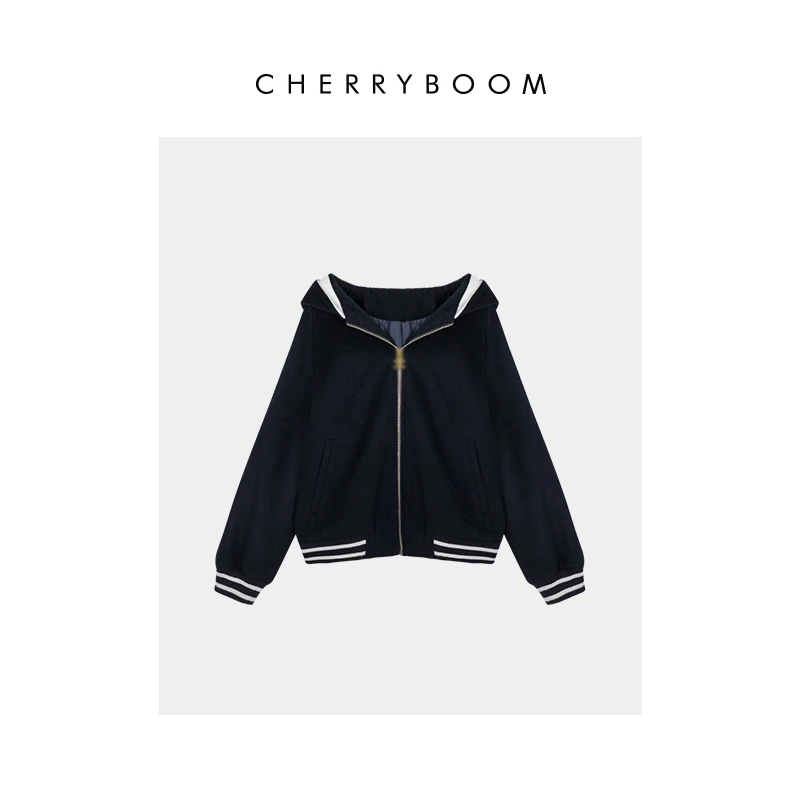 CHERRYBOOM 【流行怀旧】减龄时尚连帽羊毛刺绣山羊绒毛呢棒球外套
