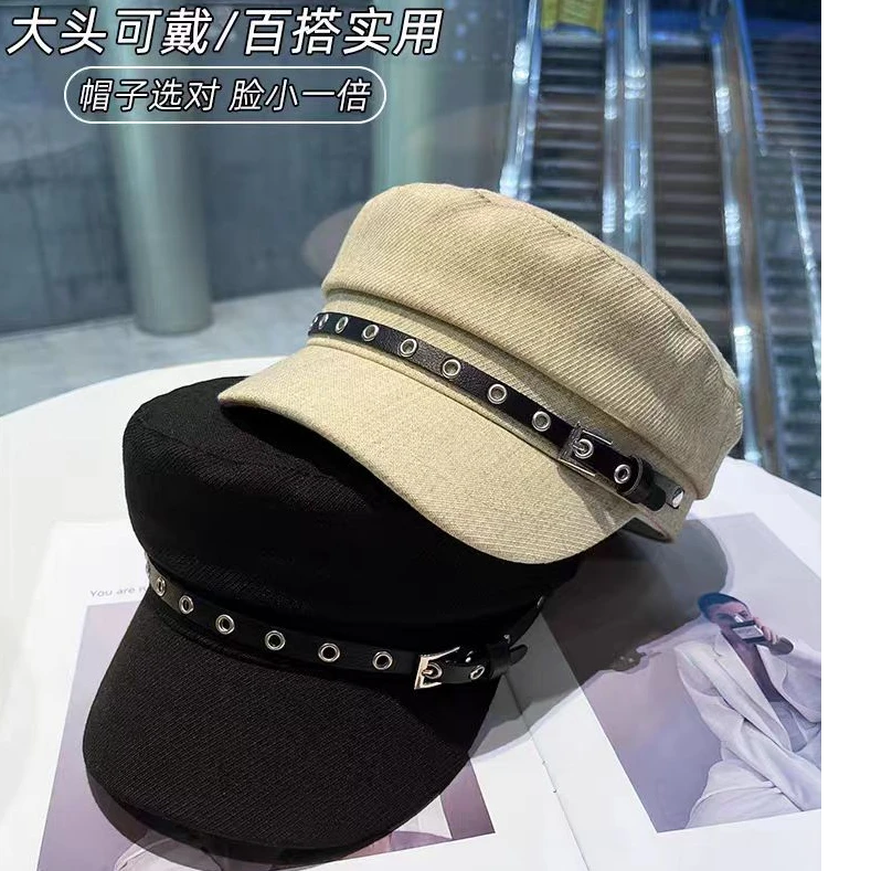 英伦复古金属扣平顶帽女款春秋韩版网红鸭舌帽百搭报童帽画家帽