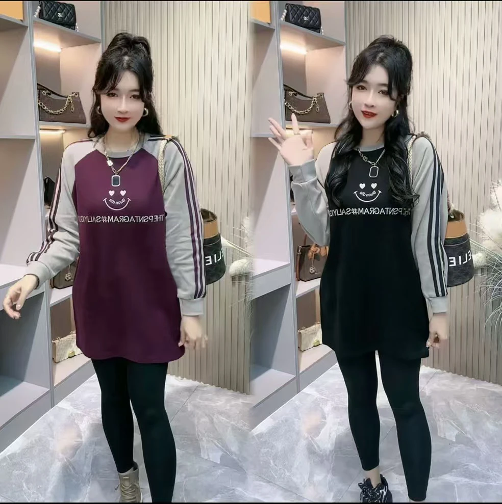 2025秋冬款网红刺绣笑脸拼色针织加绒大版衫女洋气减龄百搭显瘦款