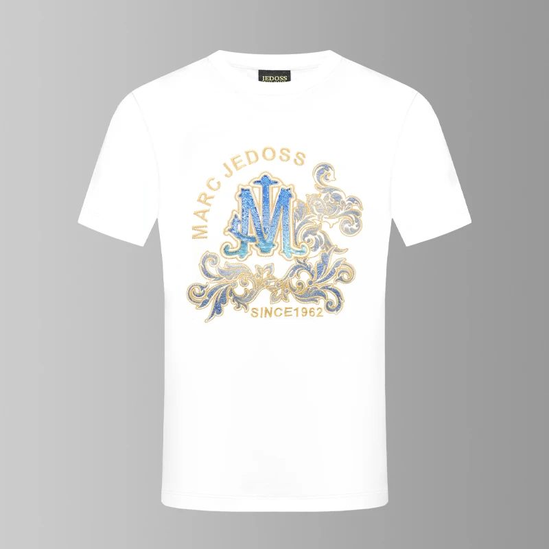 夏季半袖印花JEDOSS/爵迪斯潮流新款炫彩珠片绣修身白色短袖T恤