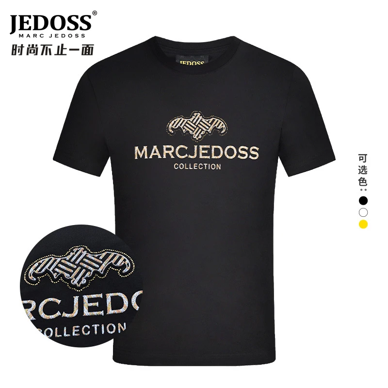 JEDOSS/爵迪斯夏季LOGO立体水晶砂印花修身户外男士短袖t恤圆领